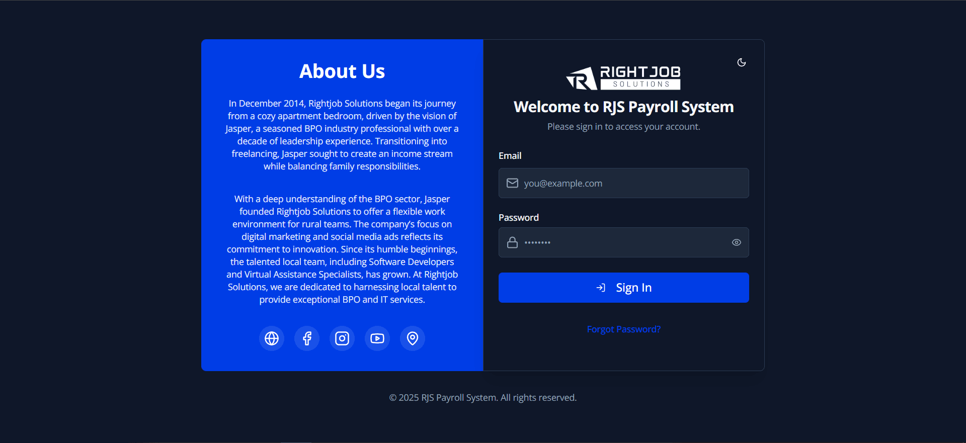 Secure login page for administrators and employees.