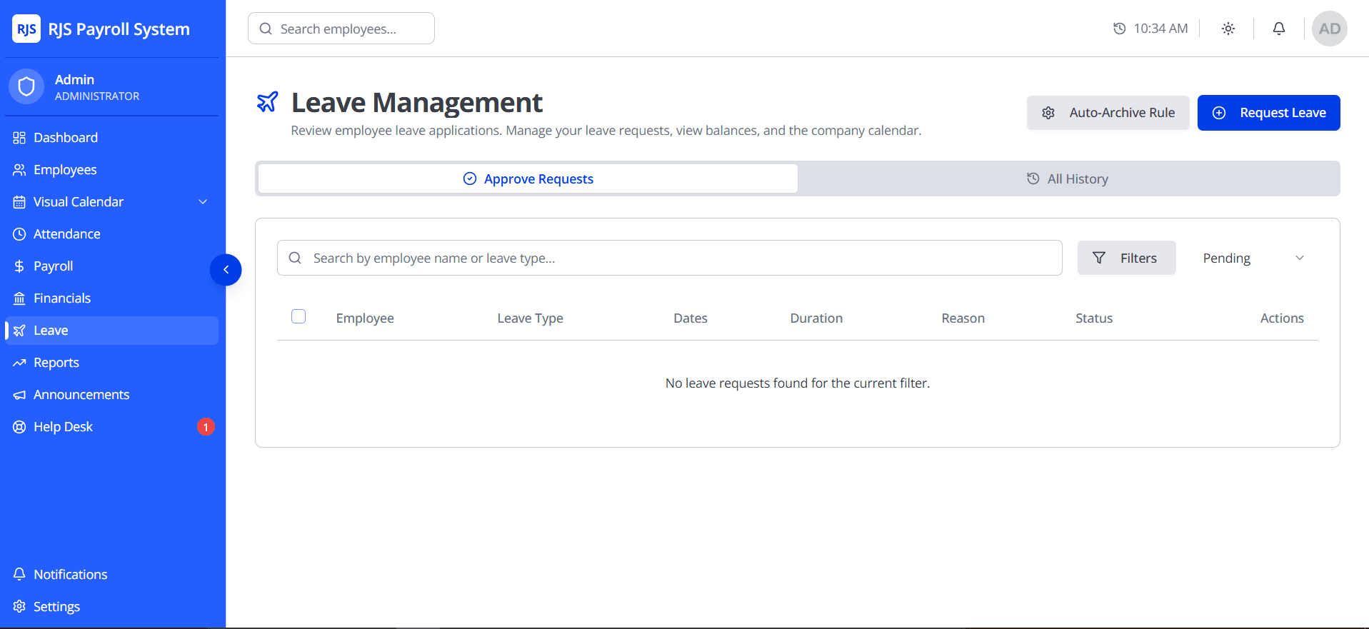 The leave management system for submitting and tracking requests.