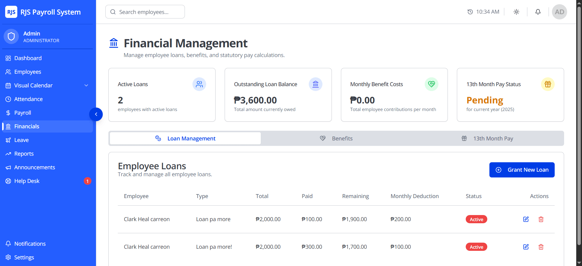Financials page for managing employee loans and company benefits.