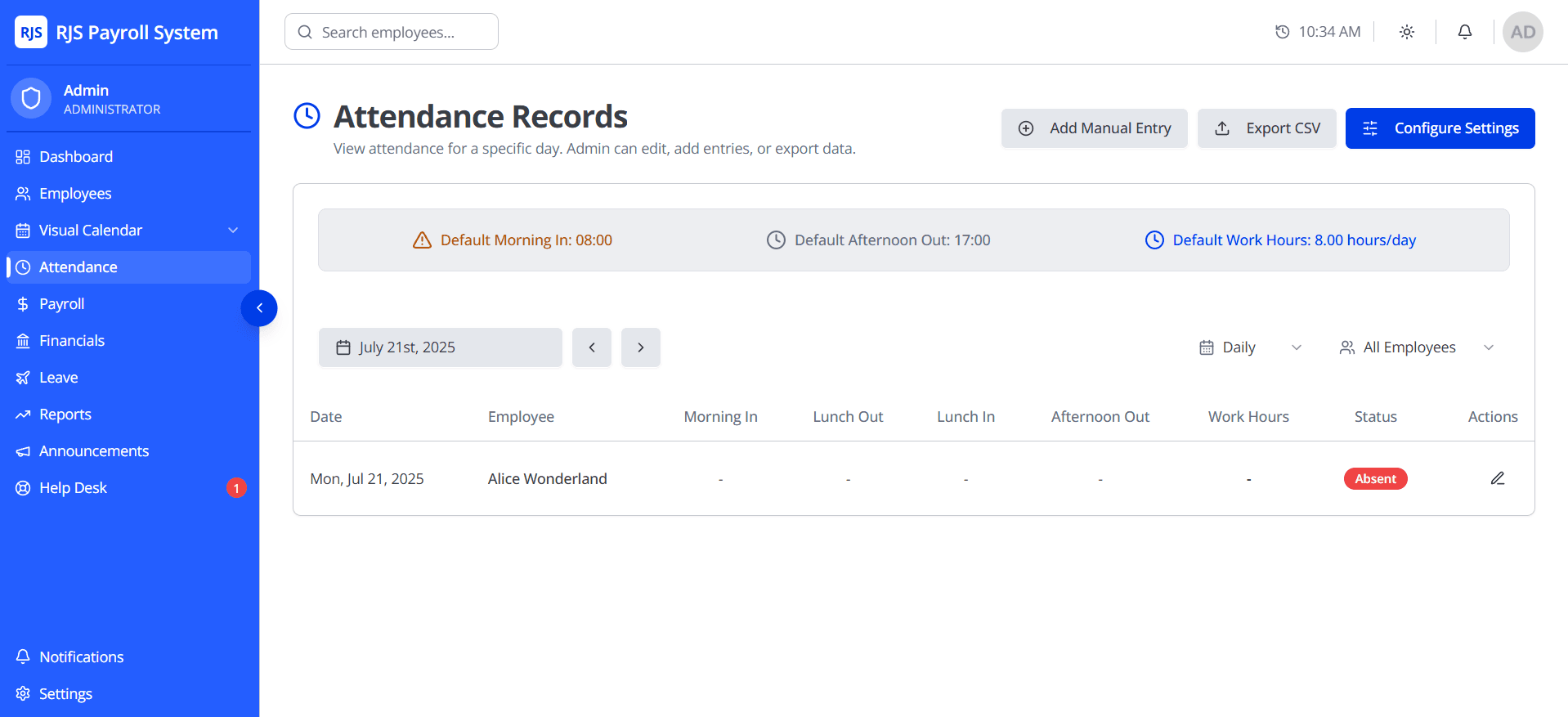 Admins can view and manage daily attendance records.