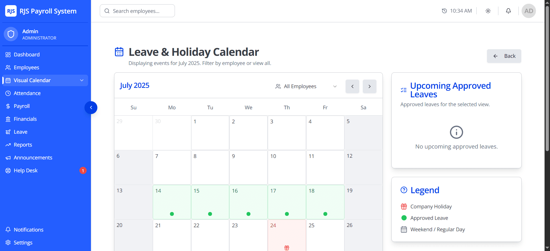 Visual company calendar displaying approved leaves and holidays.