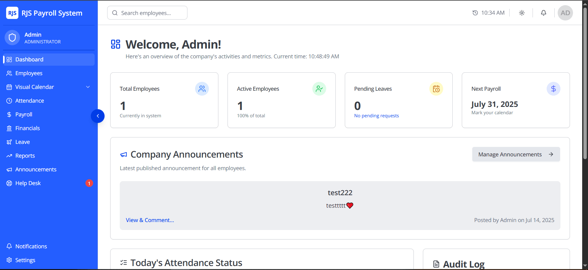 The main dashboard provides an at-a-glance overview of key HR metrics.