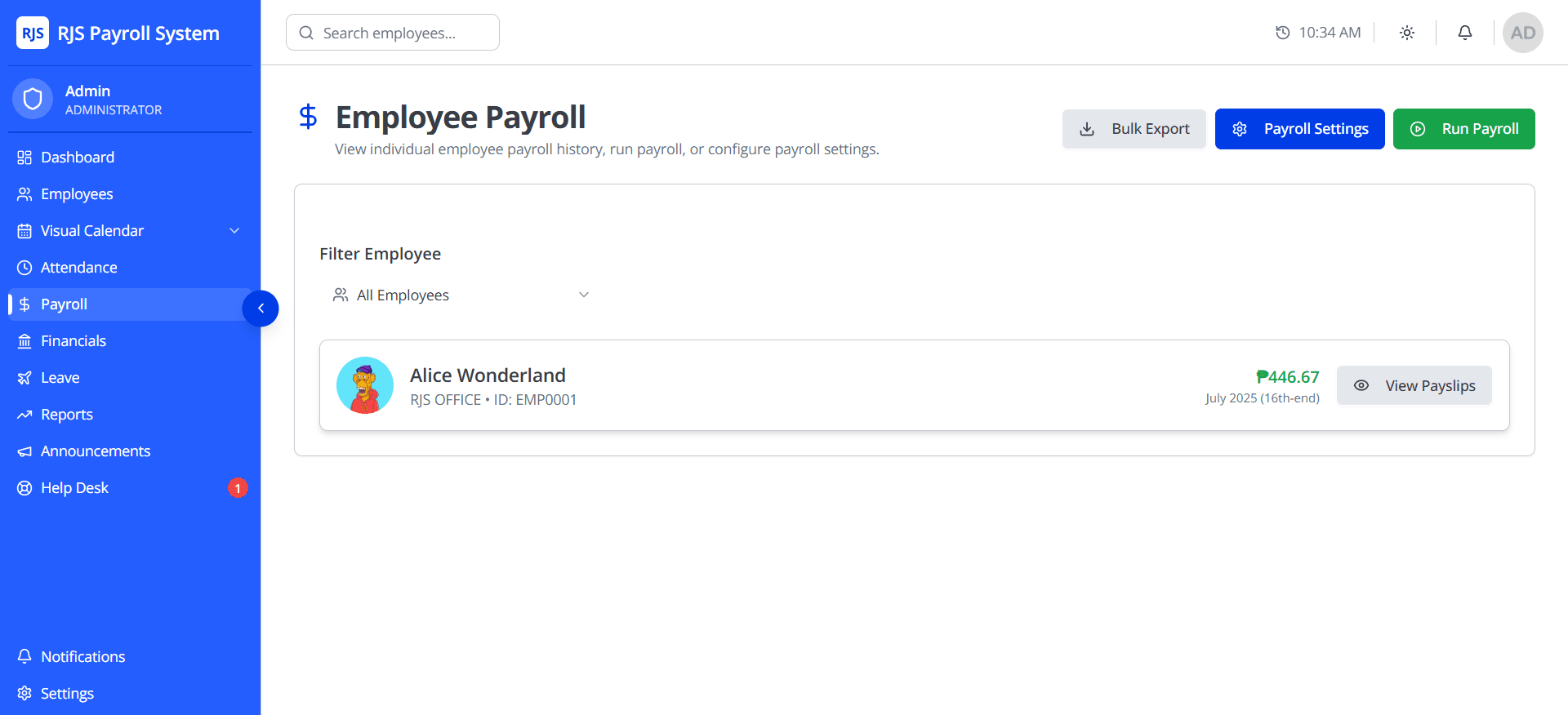 Payroll processing page for generating payslips for selected periods.